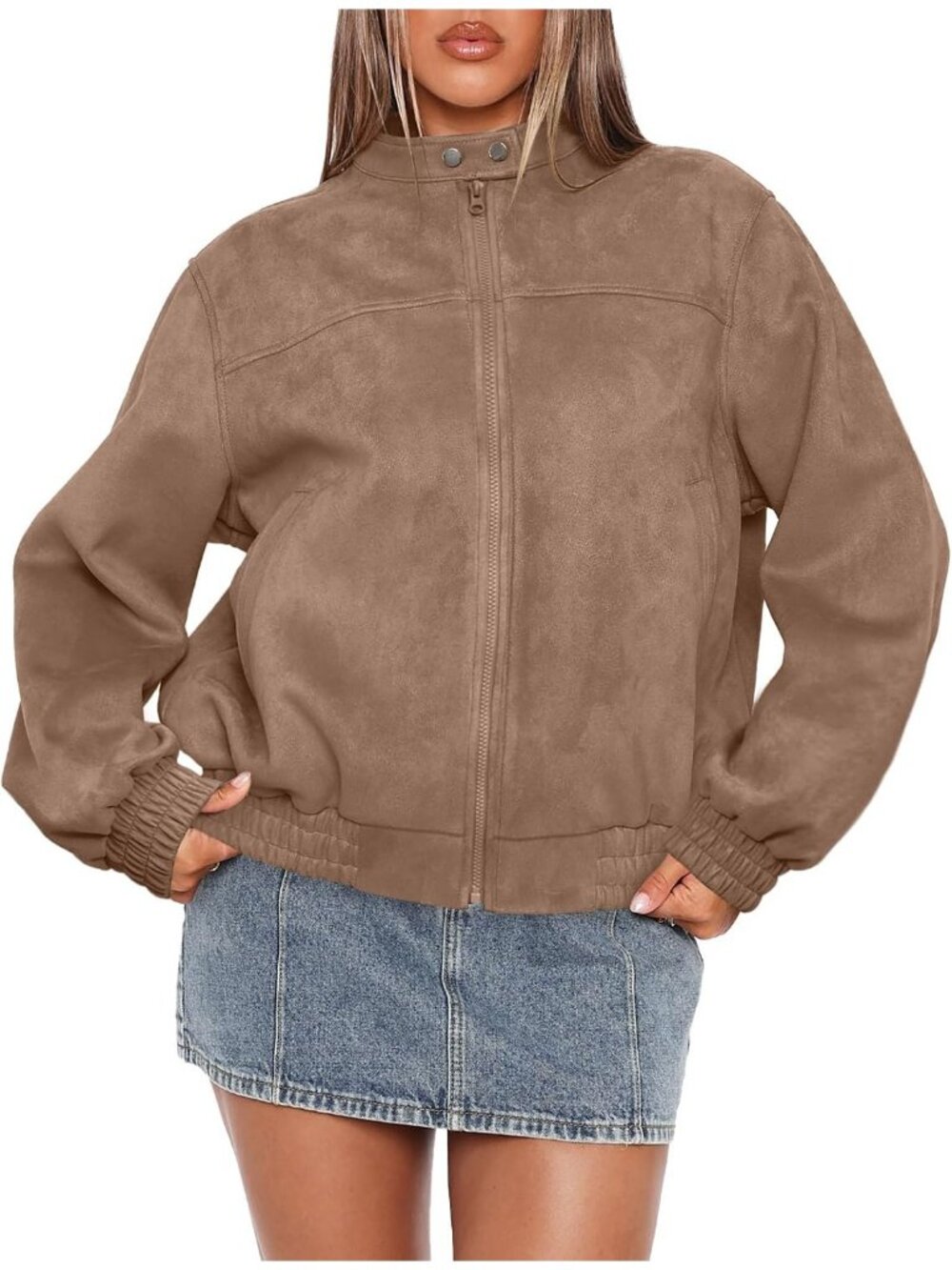 Women Brown Suede Baggy Oversized Zip Up Pocket Classic Motorcycle Bomber Jacket